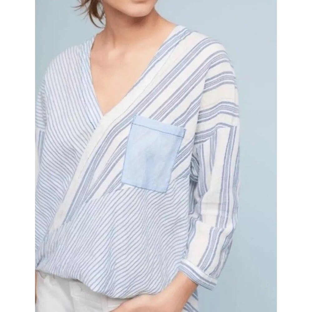 HOLDING HORSES Anthropologie Blue Striped Wrap Hi Low Tunic Top